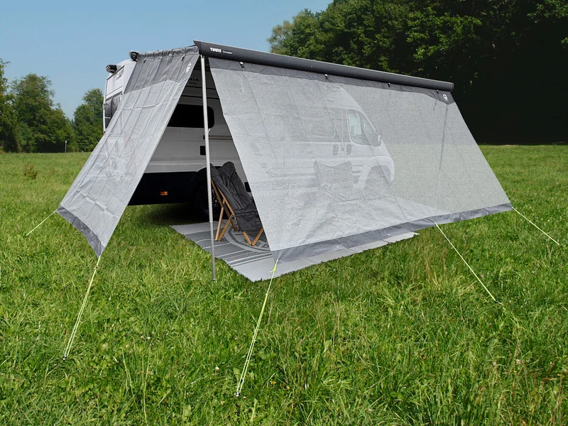 Stěna přední stínicí pro markýzy Sunblocker SAONA 430 (rozměry 430 × 190 cm, mřížková tkanina Mesh+PVC, šedá) 317231
