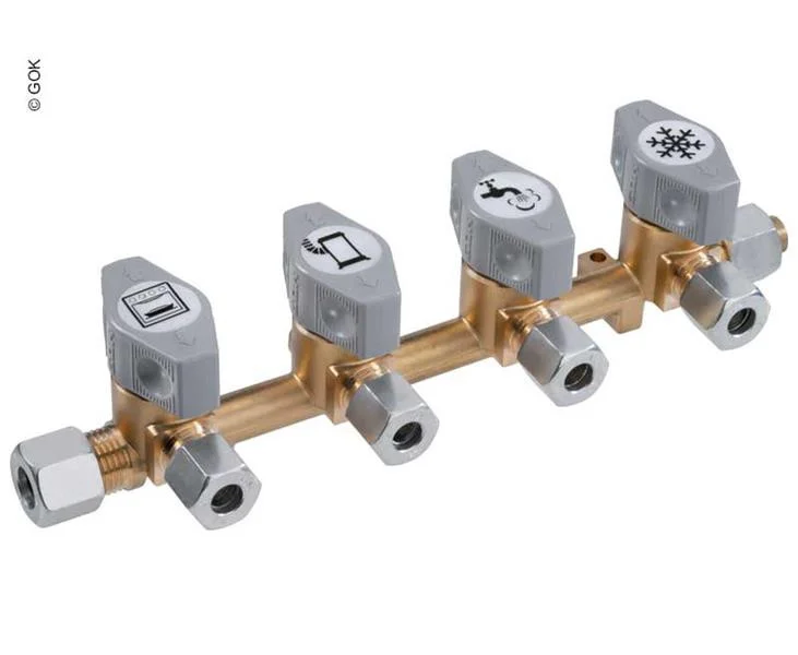 Rozdělovač plynový čtyřcestný GOK DSV, vstup 10 mm, 4 výstupy 8 mm, max. tlak 5 bar, se samostatnými uzavíracími ventily 305319