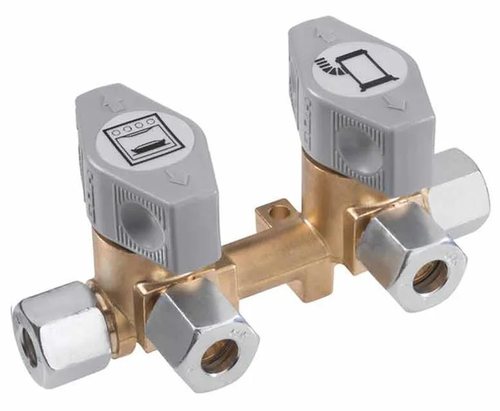 Blok rozdělovače plynu dvoucestný se dvěma uzavíracími ventily vstup a průchod 10 mm výstupy 2x 8 mm pro karavany a obytné vozy 305318