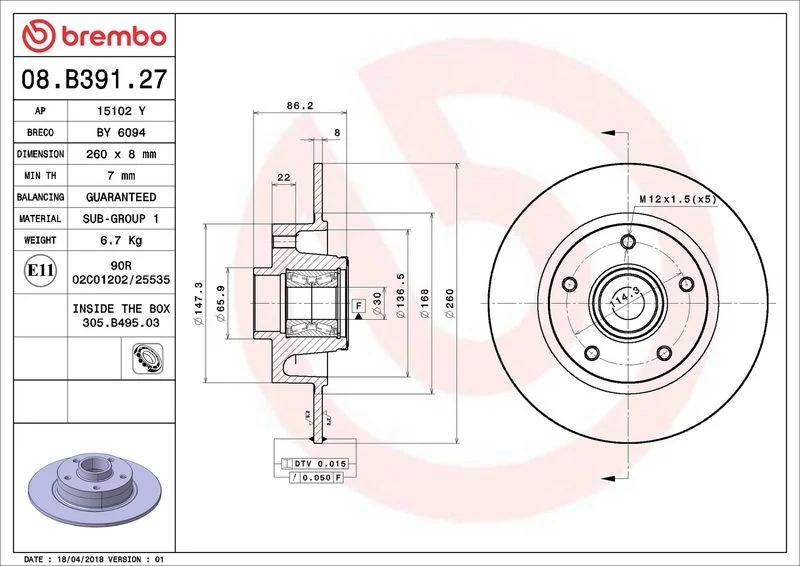Brzdový kotouč BREMBO 08.B391.27