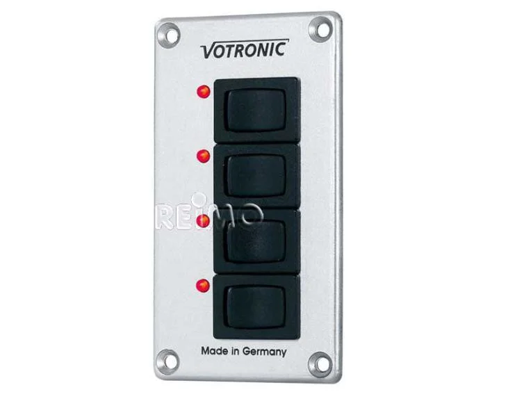 Spínací panel se 4 spínači a automatickými jističi 12 V zatížení 8 A kovový vzhled pro obytná auta a karavany 302621