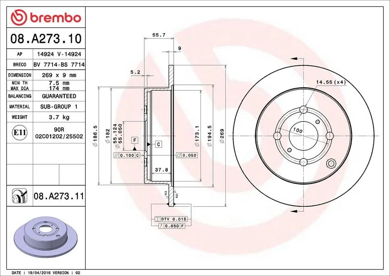 Brzdový kotouč BREMBO 08.A273.11