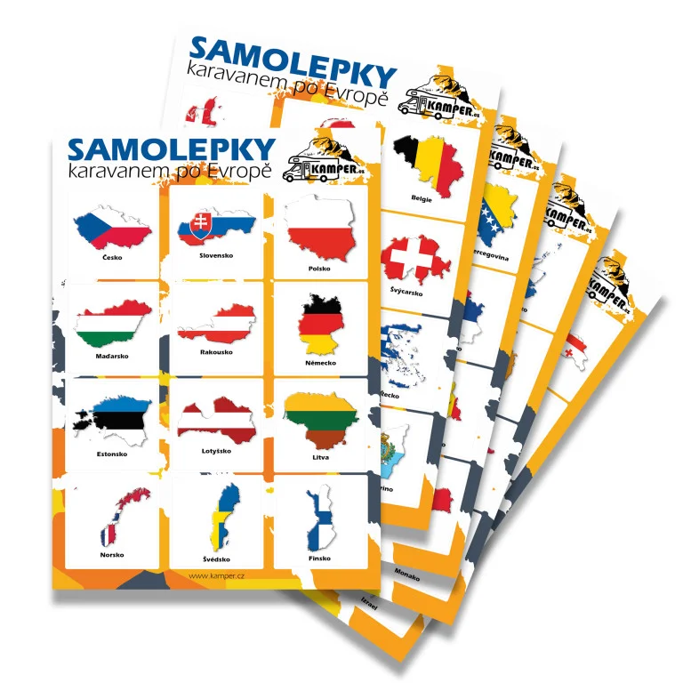 Cestovatelské vlajkové samolepky - státy a území Evropy a okolí 60ks, 5 listů A4 318440