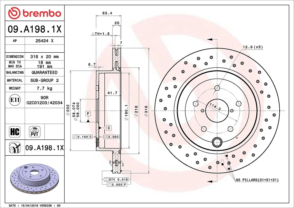 Brzdový kotouč BREMBO 09.A198.1X – OE 26700FG010