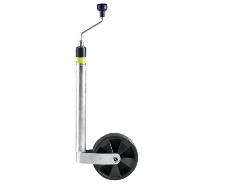 Kolečko podpěrné pro přívěsy a karavany, průměr trubky 48 mm, plastový ráfek, plná pryž 215/220 × 70 mm, nosnost 150 kg 311059