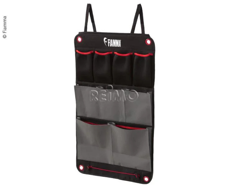 Organizér závěsný do zadní garáže 11 kapes rozměry 50 x 84 cm s kedrem a oky černý a červený Fiamma pro karavany a obytná auta 306660