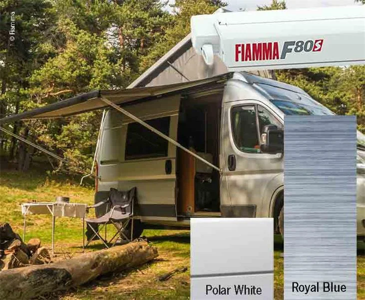 Markýza střešní kazetová Fiamma F80s 4,25 m (polární bílá, královská modrá, výsuv 2,5 m) 306224
