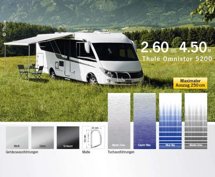 Nástěnná kazetová markýza Thule Omnistor 5200, šířka 2,3 m, výsuv 1,8 m, Blue Sky, bílé pouzdro 312451