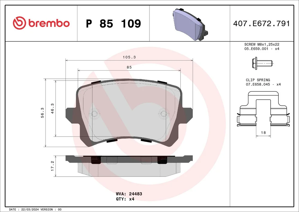 BRE P85 109 Brzdové destičky Brembo