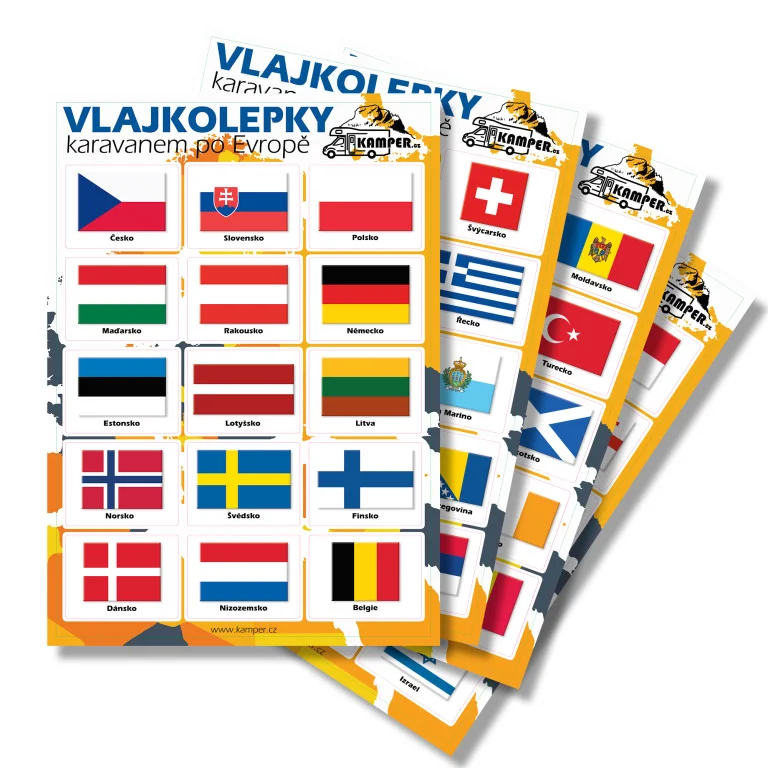 Cestovatelské vlajkové samolepky - státy a území Evropy a okolí 60ks, 4 listy A4 318441